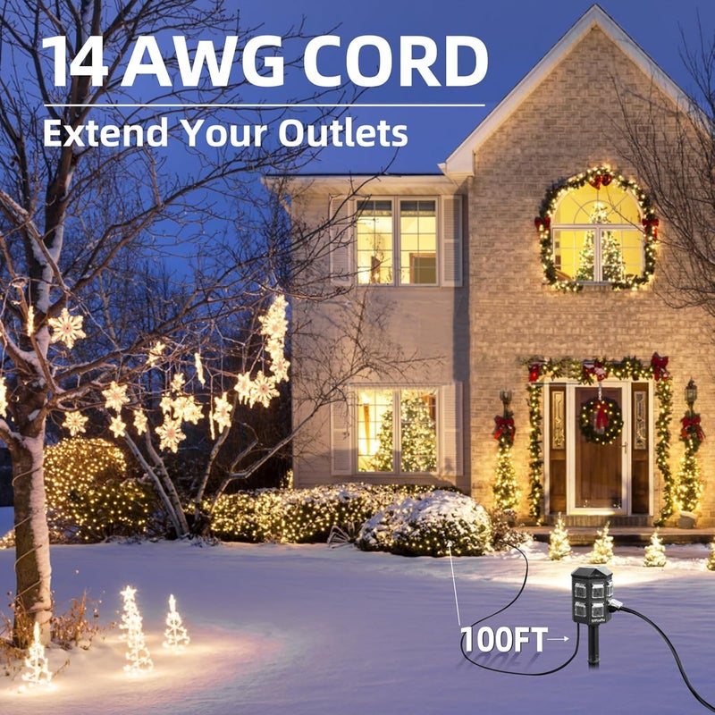 Tiffcofio Outdoor Power Strip Weatherproof, 100 FT Extension Cord with Power Stake, 6 Grounded Outlets for Outdoor Lights, 15A/1875W, ETL Listed - Image 4